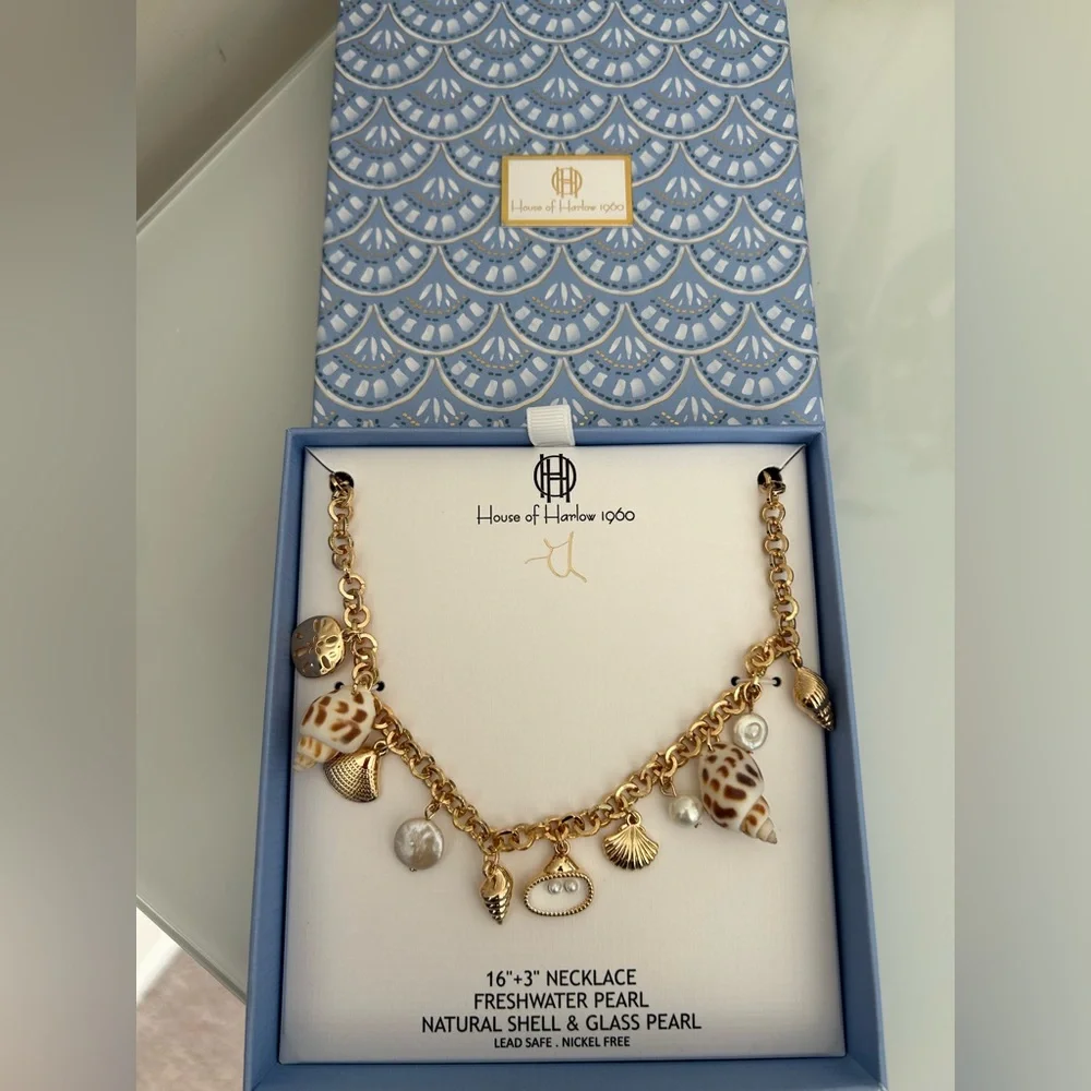 pearl and shell coastal gold charm necklace